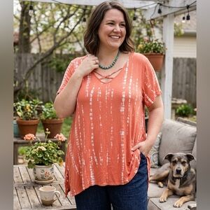 a.n.a Coral Tie-Dye Crisscross V-Neck Tunic Top